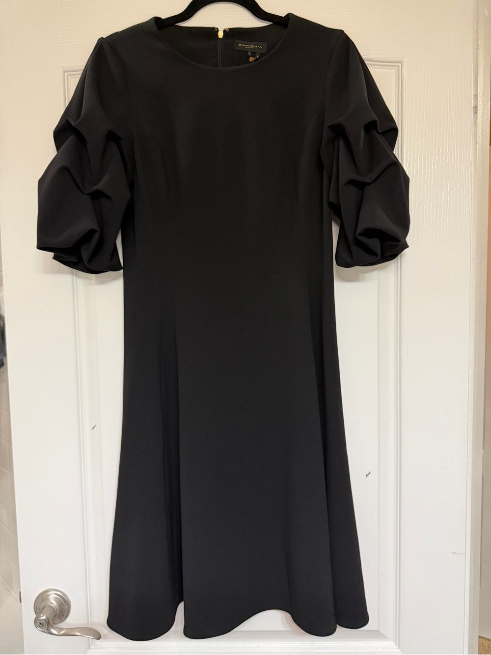 Donna Karan LBD Fit & Flare Elegant Black Puff-Sleeve Ruched Dress 6
